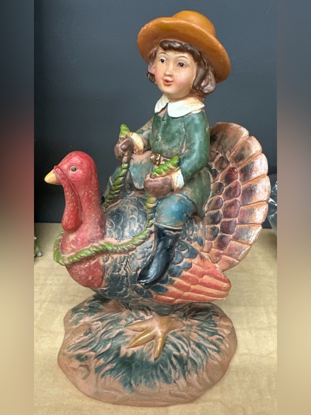Vintage Cracker Barrel Thanksgiving Turkey Riding Pilgrim Figurine-retired